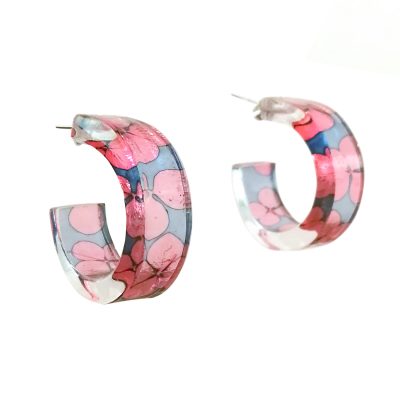 SGE-80 Blue and Pink Tiny Hydrangea Hoop Earrings - Sue Gregor