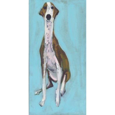 4701C Brown and White Dog on Blue Background - Sally Muir